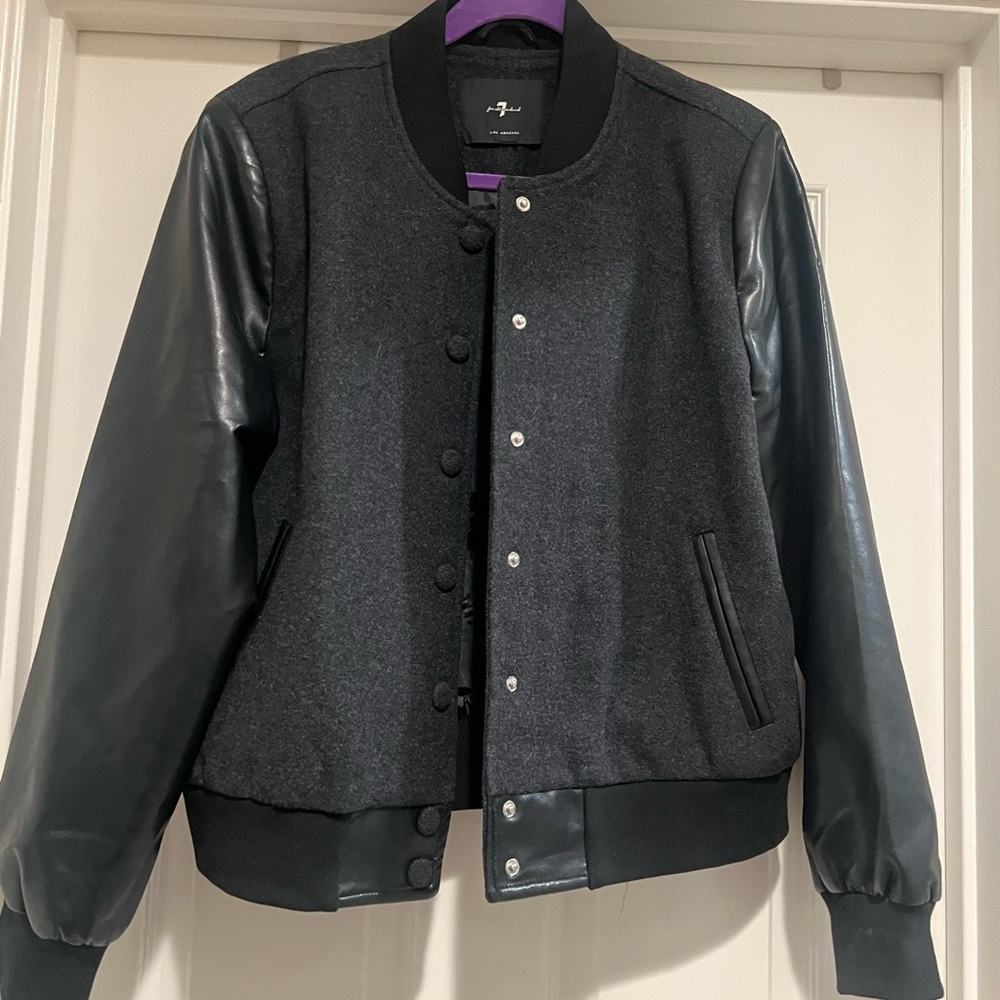 7 for all mankind Charcoal Gray Varsity Jacket with Ribbed Collar and Waistband